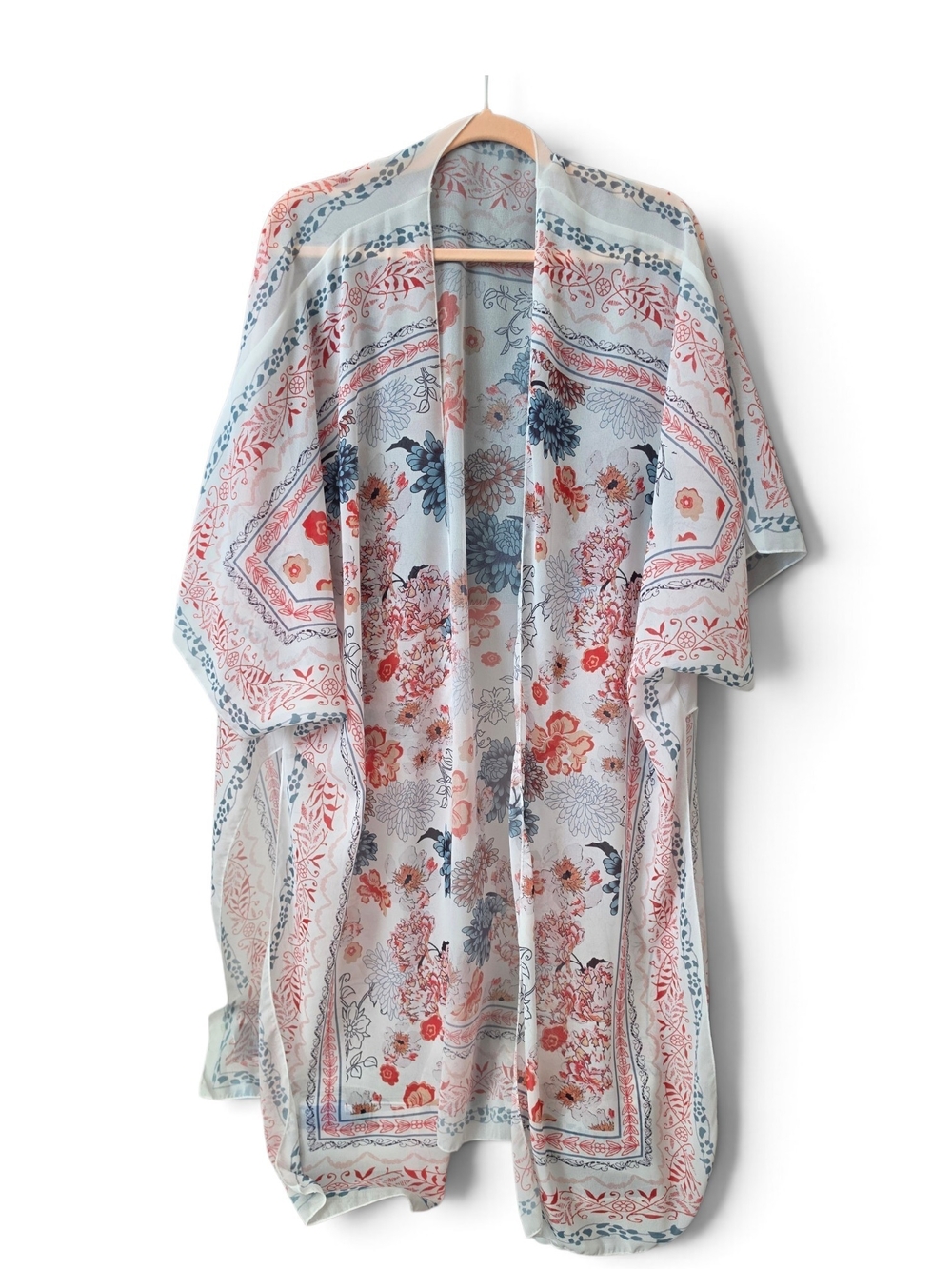 Light Blue & Coral Floral Beach Or Out Wear  Kimono Cover Up